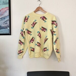 VTG 80S TEDDY BEAR ALL OVER PRINT YELLOW CREWNECK SWEATSHIRT FAIRY KEI KAWAII M